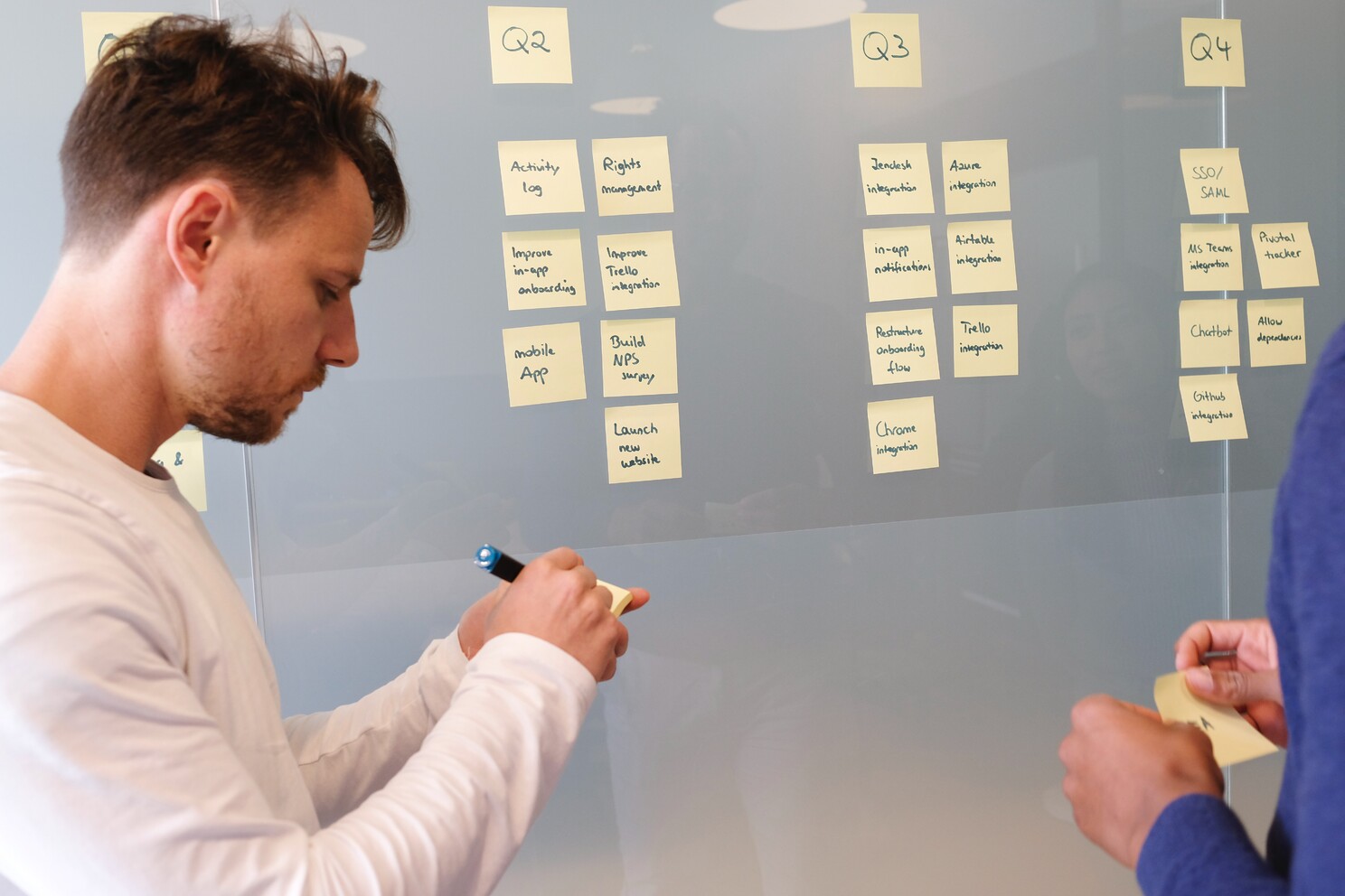 (c) Unsplash. A man managing and listing out tasks with stick notes.